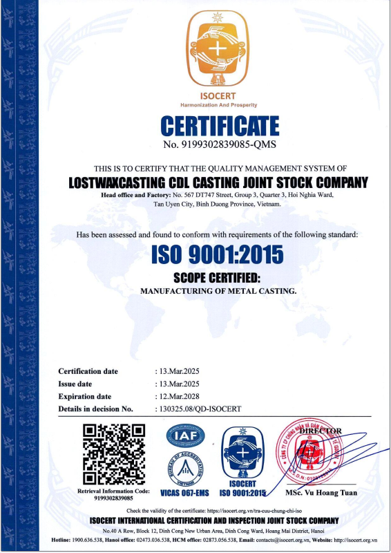 LOSTWAXCASTING CDL JOINT STOCK COMPANY ACHIEVES ISO 9001:2015 CERTIFICATION